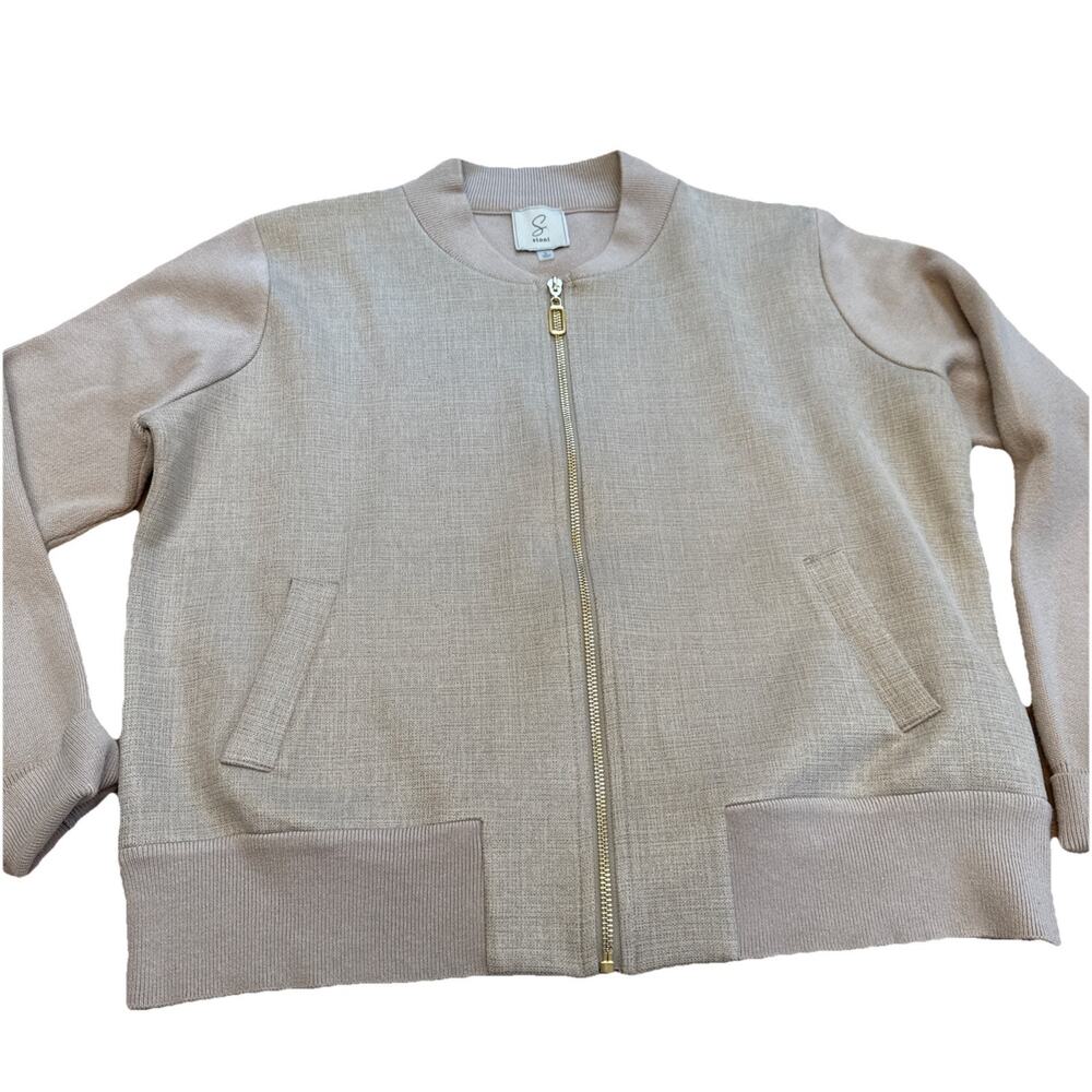 Sioni Bomber Knit Jacket Beige Mixed Media Sweater Full Zip Size L Sparkle